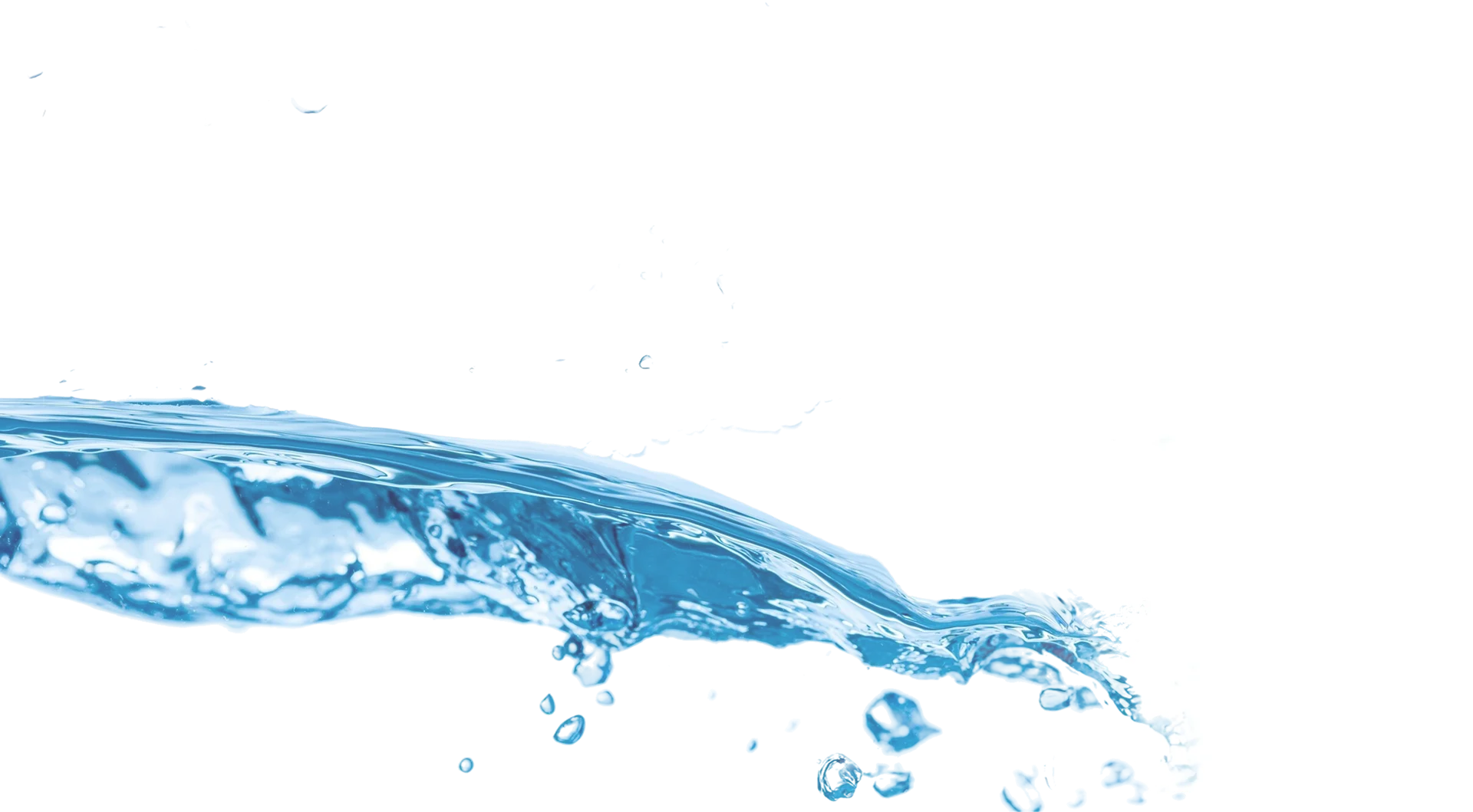 Blue water splash arcing across a dark background with droplets scattered around.